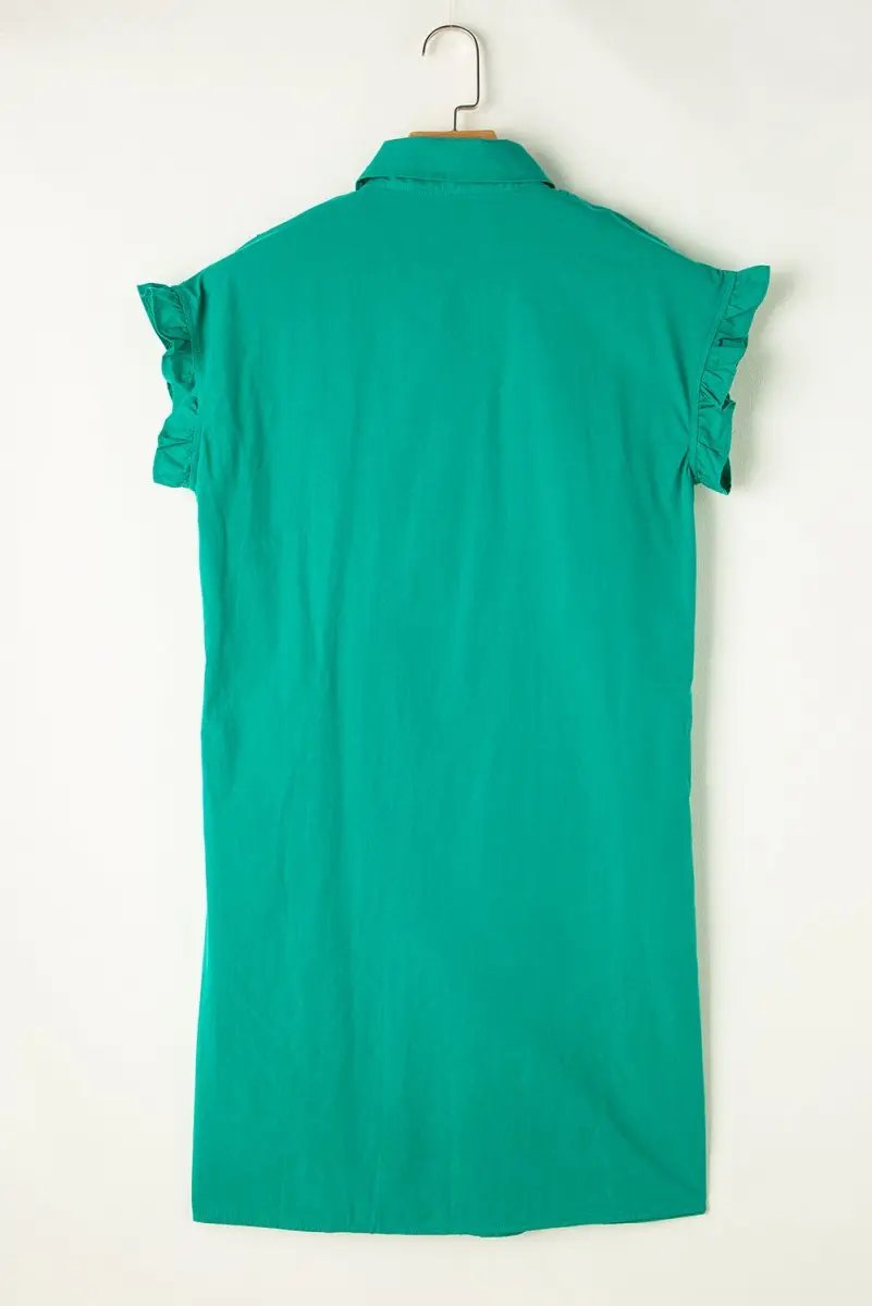 Bright Green Shirred Ruffle Sleeve Button Up Short Dress - Love Salve